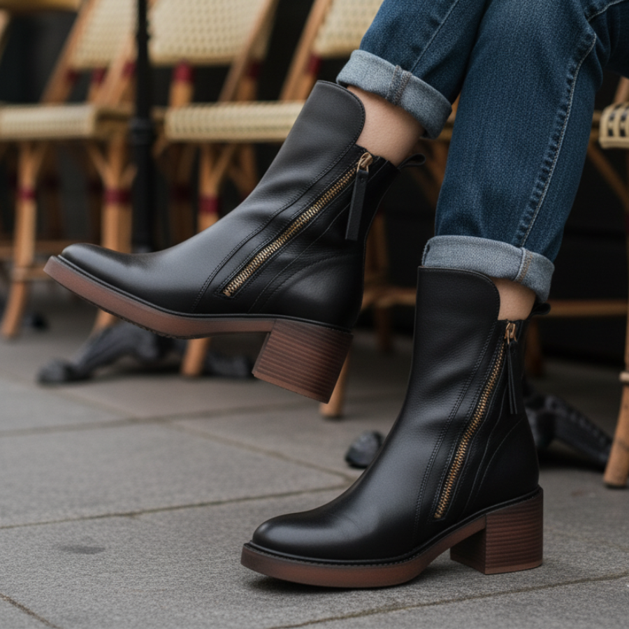 Valorine™ | Czarne skórzane botki z wygodnym obcasem, eleganckie i ponadczasowe