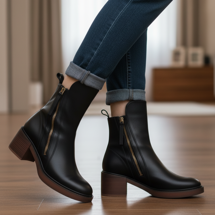 Valorine™ | Czarne skórzane botki z wygodnym obcasem, eleganckie i ponadczasowe