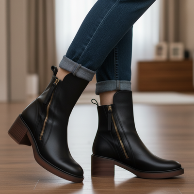 Valorine™ | Czarne skórzane botki z wygodnym obcasem, eleganckie i ponadczasowe