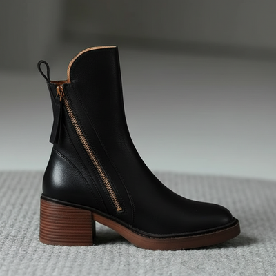 Valorine™ | Czarne skórzane botki z wygodnym obcasem, eleganckie i ponadczasowe